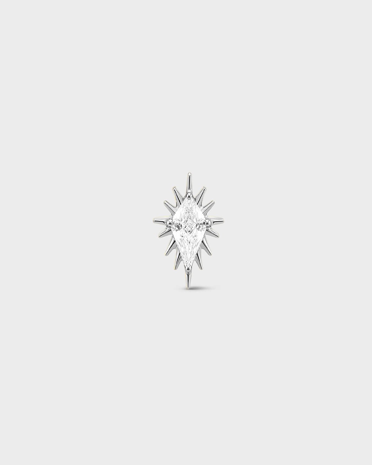 Polished silver titanium threadless end earring with a marquise-cut clear stone set within a sculpted starburst design. On a light grey background.