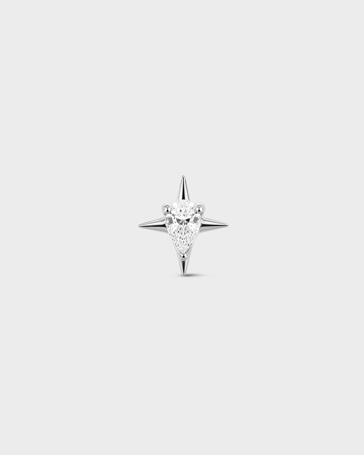 Polished silver titanium threadless end earring with a pear-cut clear stone set within a sculpted four-point star design. On a light grey background.