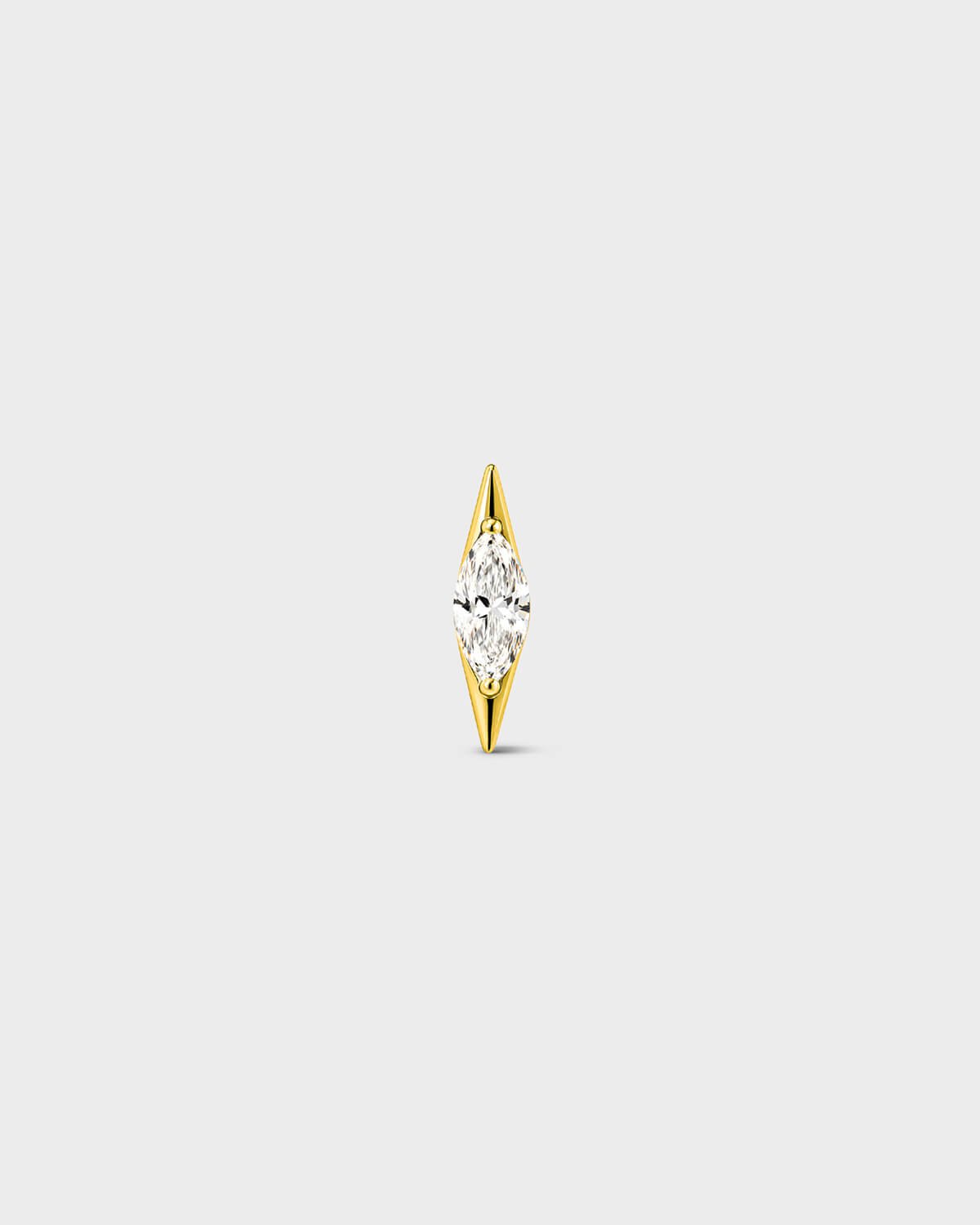 Polished silver titanium threadless end with a marquise-cut clear stone set in a tapered, sculpted setting. On a light grey background.