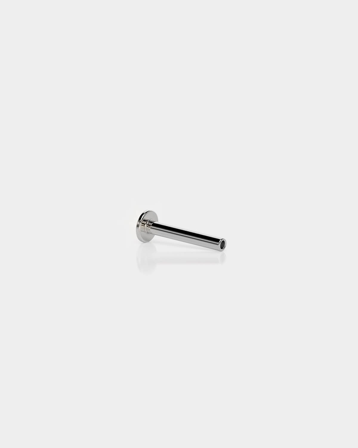 Threadless titanium labret back in polished silver with a 3mm base and 16g shaft on a light gray background